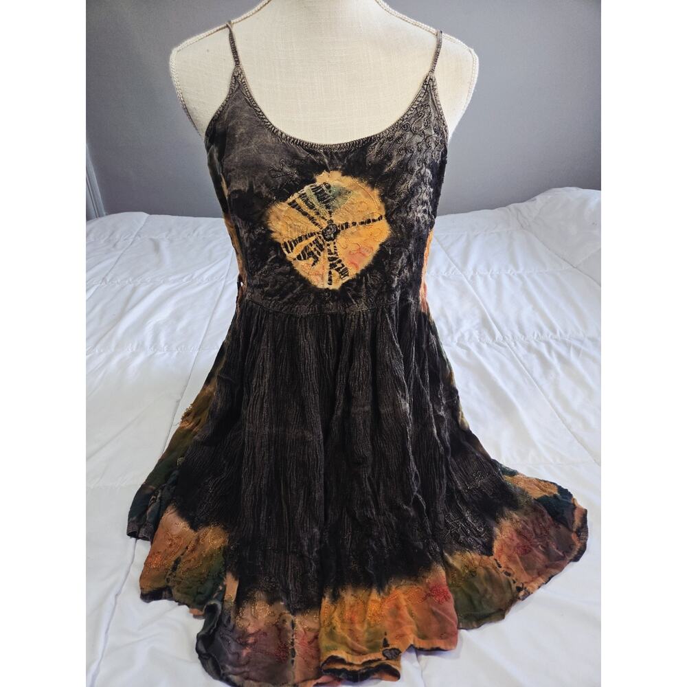 Y2K Boho Encounter Embroidered Chiffon Ruffle Blouse Tunic Brown Free Sz Hippie